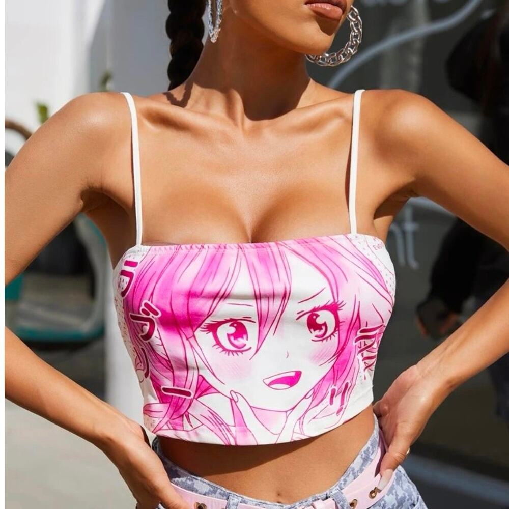 Pink Anime Cropped Tank Top